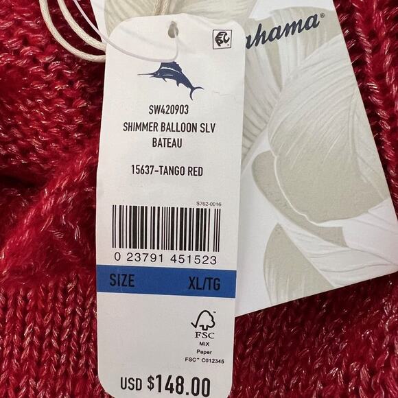Tommy Bahama Shimmer Balloon Sleeve Sweater XL Tango Red Wool Blend Boatneck NEW - Picture 6 of 7